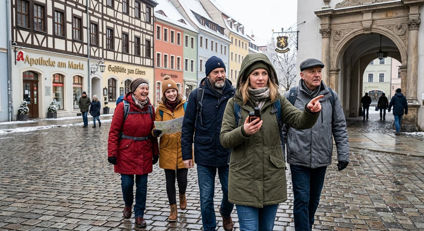 Gruppe mit GPS-Gerät und Stadtkarte unterwegs in einer winterlichen Altstadt
