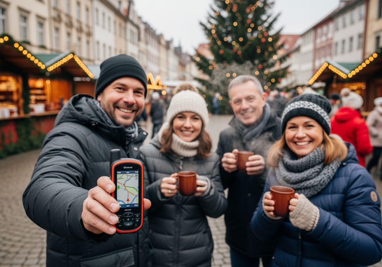 Gruppe mit GPS-Gerät und Glühwein vor dem geschmückten Weihnachtsbaum auf dem Marktplatz