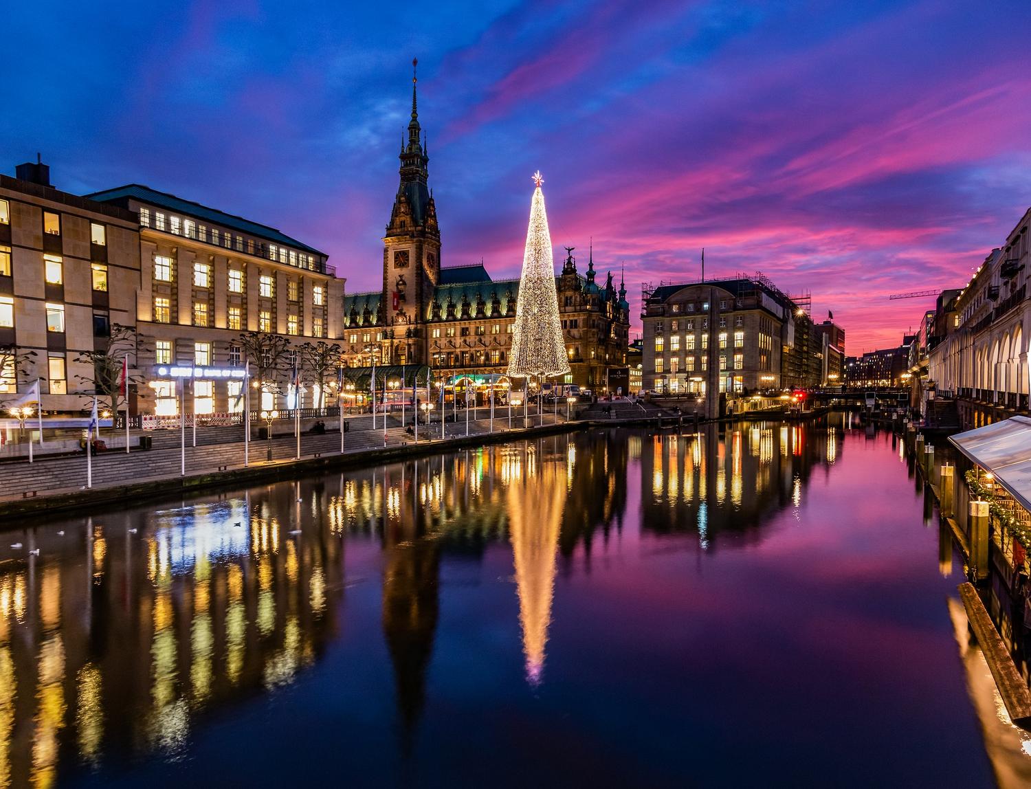 Der Hamburger Rathausmarkt in der Abenddämmerung mit beleuchtetem Weihnachtsbaum, gespiegelt im Wasser