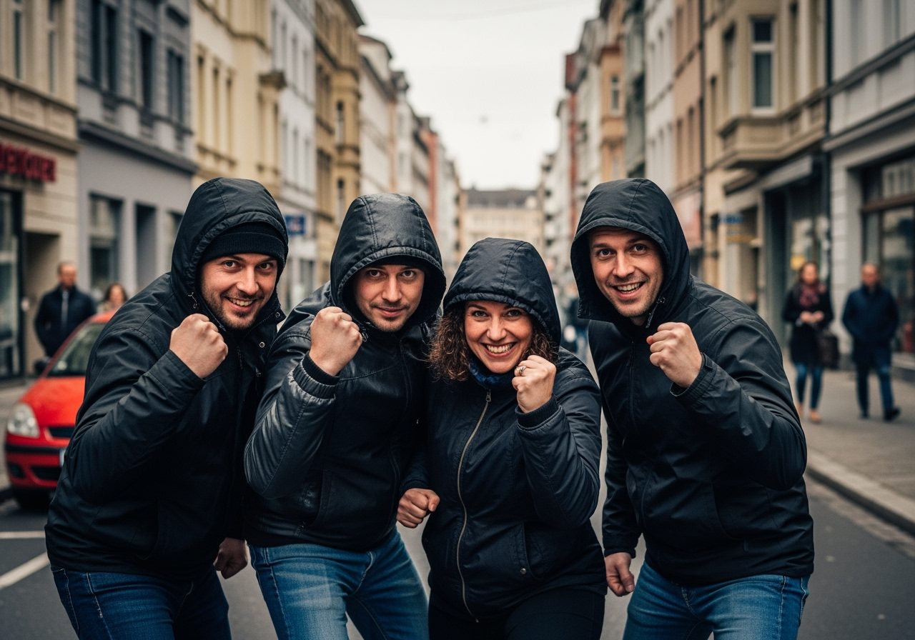 Vier Personen in dunklen Kapuzenjacken posieren gut gelaunt als Jägerteam