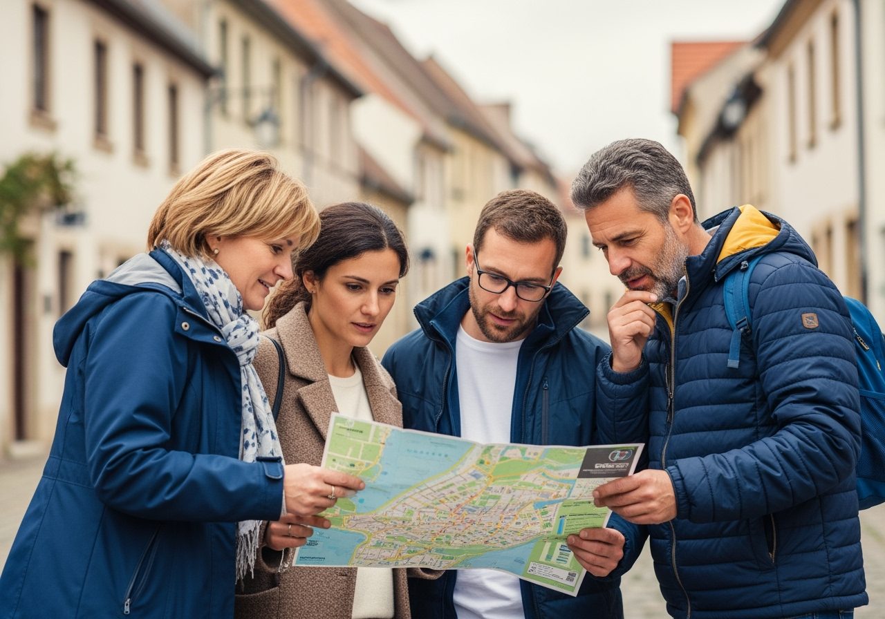 Vier Personen studieren gemeinsam eine aufgefaltete Stadtkarte
