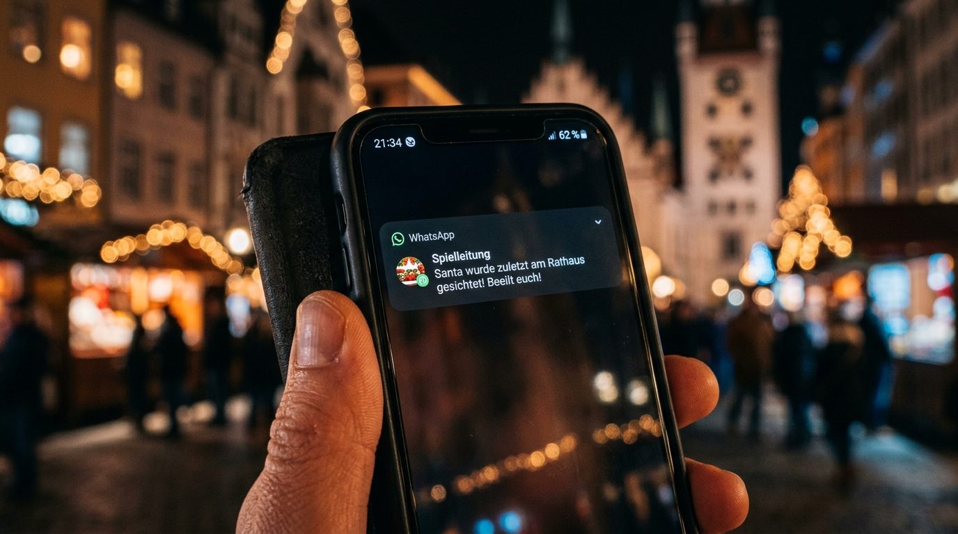 Smartphone mit einer Nachricht der Spielleitung vor einem beleuchteten Weihnachtsmarkt