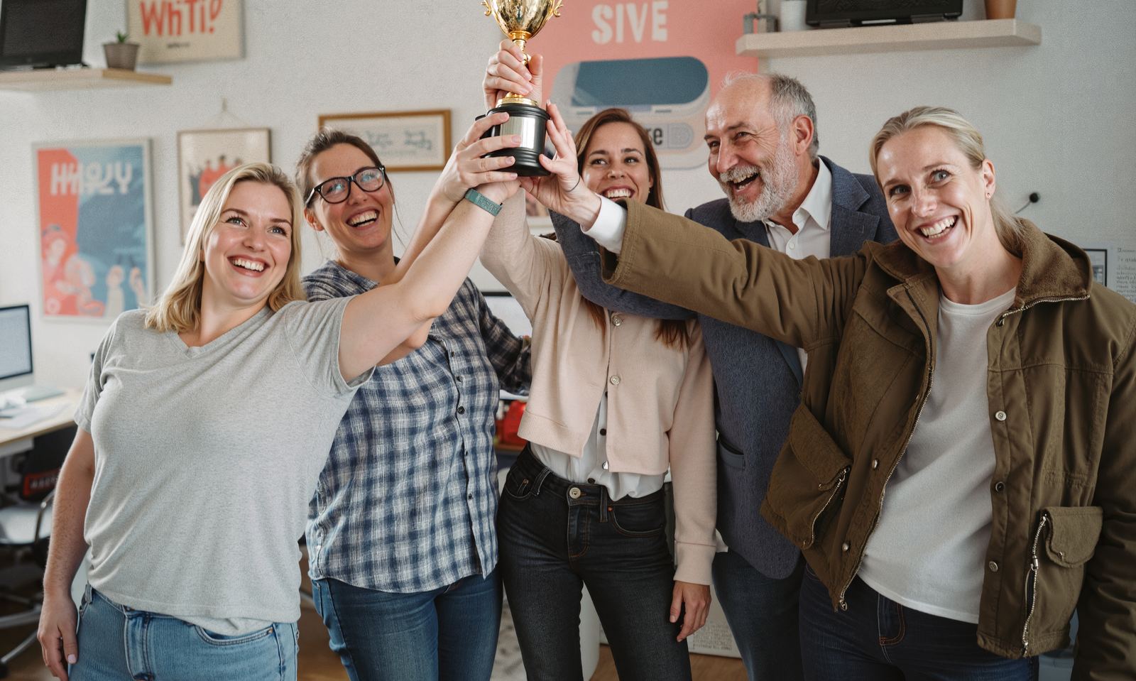 Fünf Kolleginnen und Kollegen strecken gemeinsam lachend einen goldenen Pokal in die Höhe