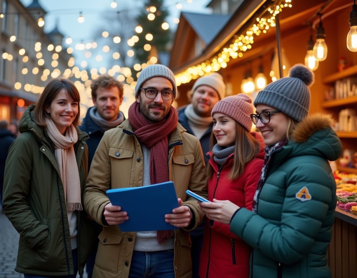 Gruppe von Kolleginnen und Kollegen vor einer beleuchteten Weihnachtsmarktbude