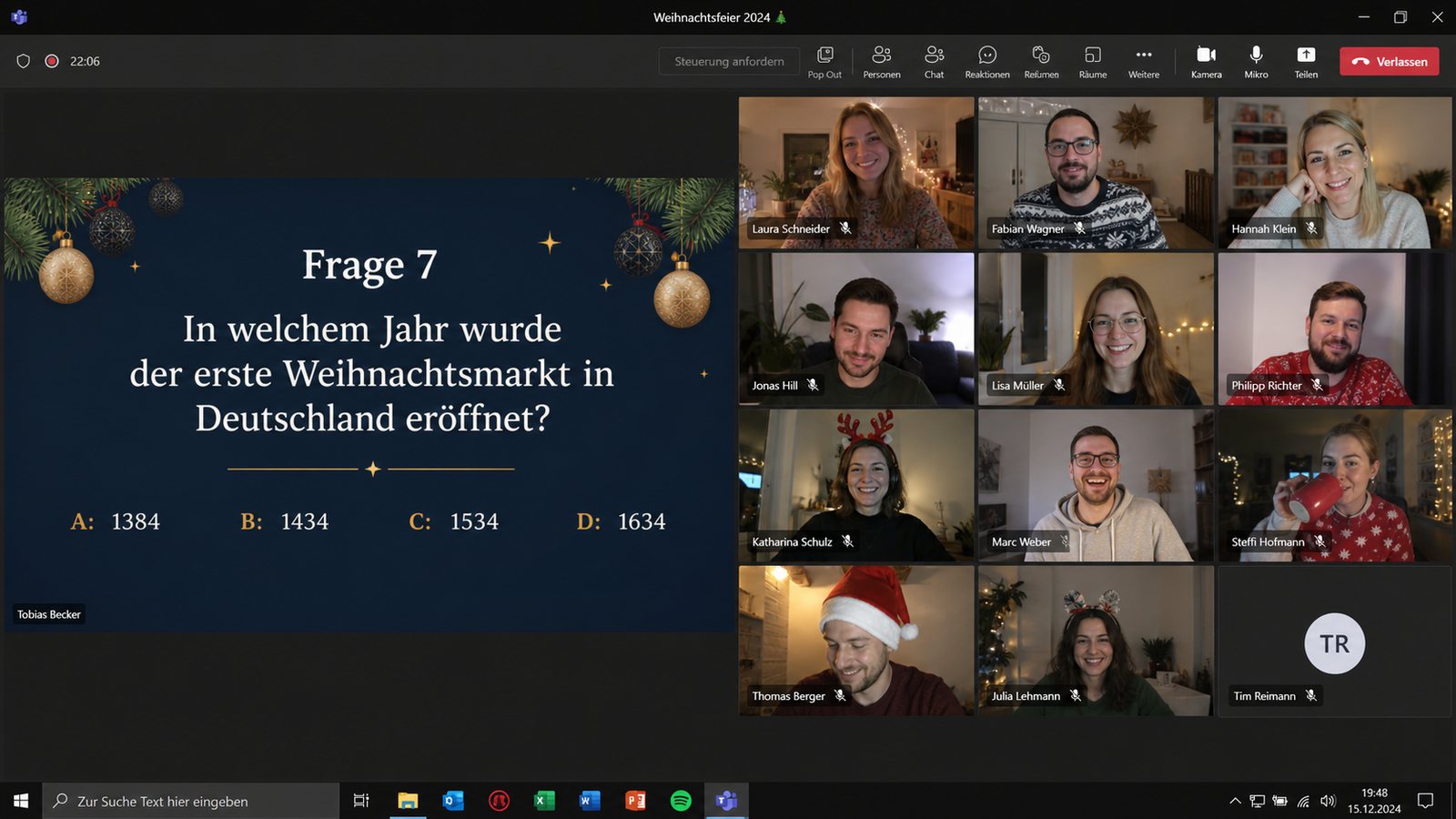 Videokonferenz mit zwölf Teilnehmenden und einer Quizfrage auf dem geteilten Bildschirm